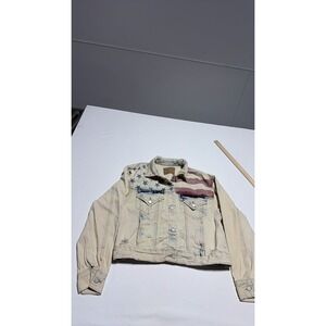 BLANKNYC Distressed American Flag Denim Jacket Beige Vintage Style Small